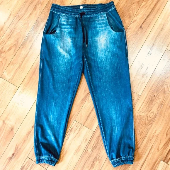 Lucy blue denim seersucker style banded bottoms pants skinny small lounge - Picture 5 of 8